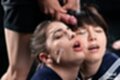 Upturned faces covered with cum